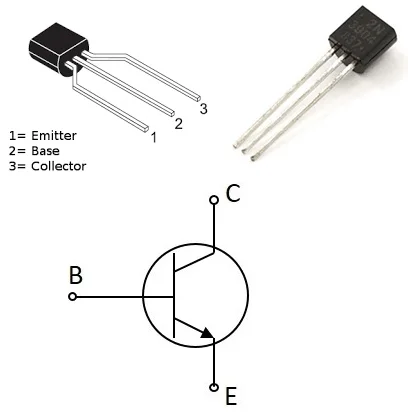 Diagram and real image of a transistor showing its three terminals: emitter, base, and collector, with a schematic symbol representing the transistor's functionality