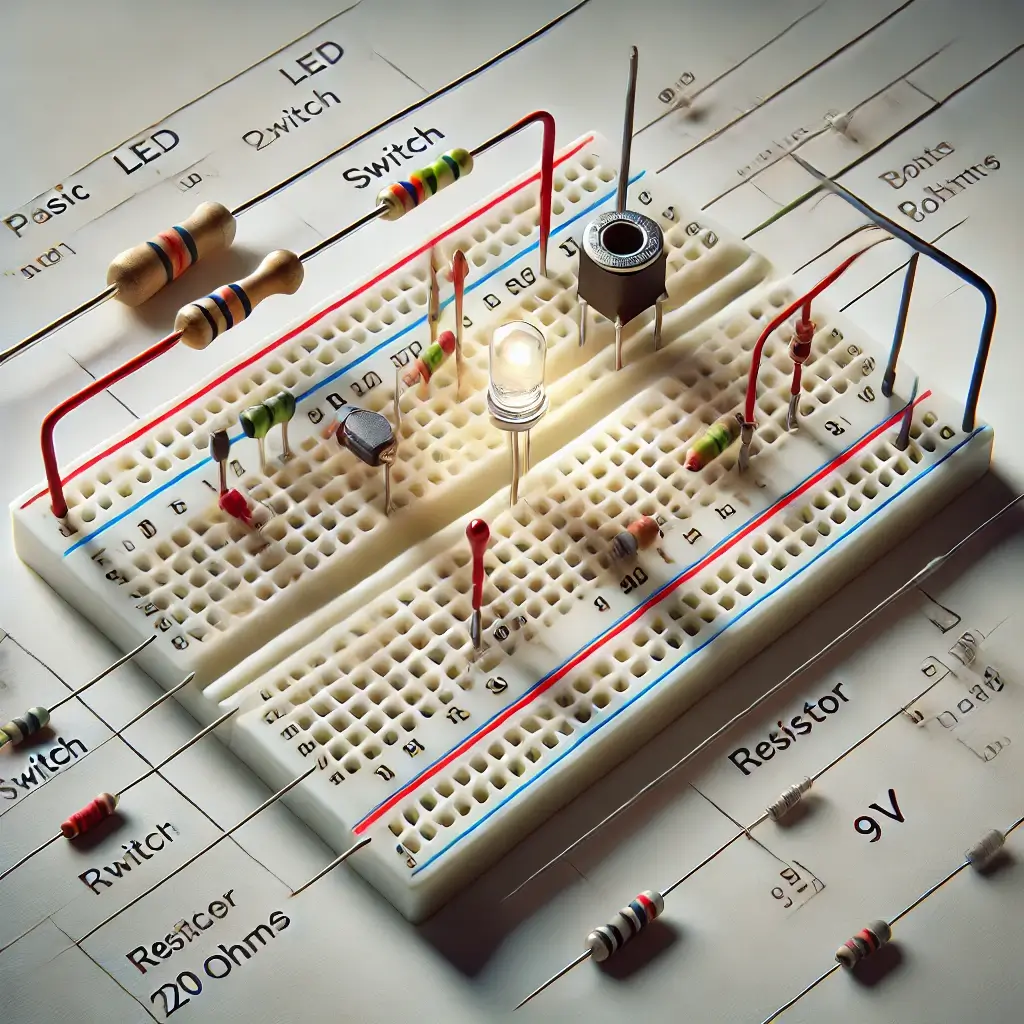 Simple electronic circuit on a breadboard with LED and resistor for beginners