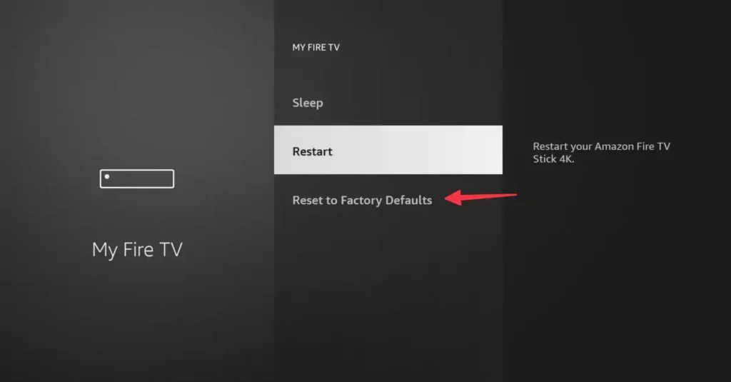 Firestick interface showing the factory reset option