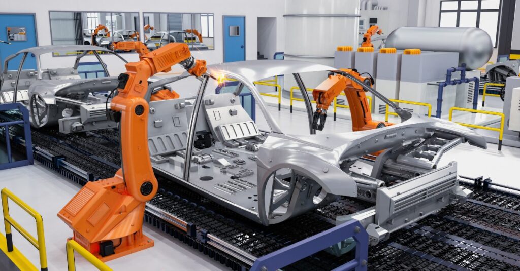 Robotic arm assembling parts on an industrial production line