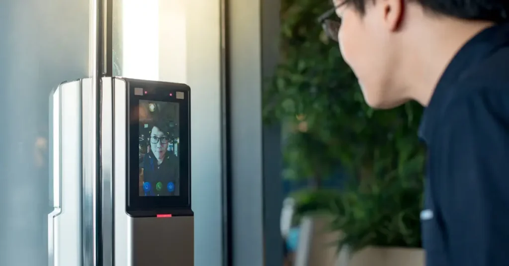 Security camera display showcasing facial recognition technology