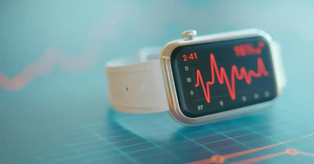 Wearable health monitor showing heart rate readings