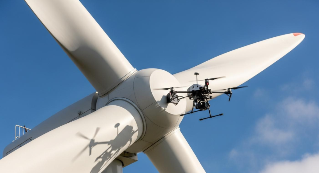 Inspection Drones vs Survey Drones vs Surveillance Drones: What's the Difference? 1 Industrial inspection drone examining a wind turbine blade