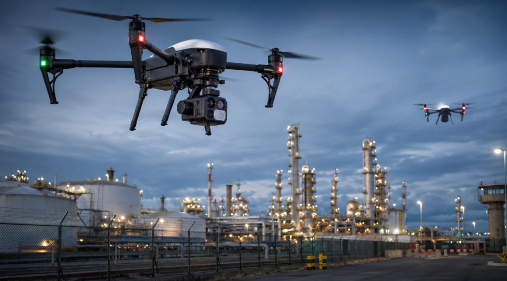 Inspection Drones vs Survey Drones vs Surveillance Drones: What's the Difference? 3 Surveillance drone monitoring an industrial facility with a stabilized camera